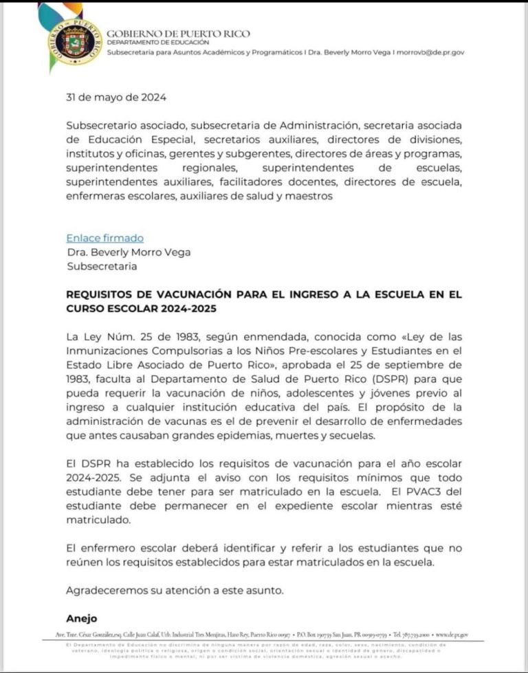 El gobierno de Puerto Rico sigue obligando a los estudiantes a vacunarse para poder estudiar